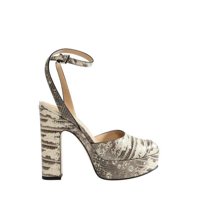 Image 1 of 4 - MULTI - Fendi Women's After 9 Platform Sandals are crafted from calfskin with a parchment and black tegu print and feature an open-toe silhouette, a platform sole, an adjustable ankle strap, and a wide leather-covered heel with a tone-on-tone tegu print. These designer platform sandals combine bold texture with elevated craftsmanship for statement evening styling. Main Material: 100% Calfskin. Lining: 100% Goatskin. Heel Height: 125 mm. Made in Italy.