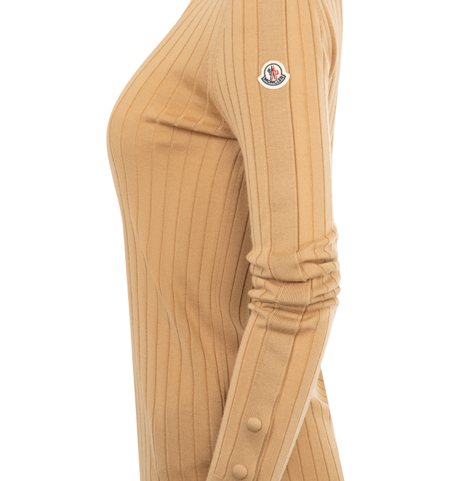 Image 3 of 3 - BROWN - MONCLER Wool & Cashmere Turtleneck Sweater featuring ultra-fine Merino wool and cashmere blend, rib knit, gauge 18, turtleneck and adjustable cuffs. 90% virgin wool, 10% cashmere.