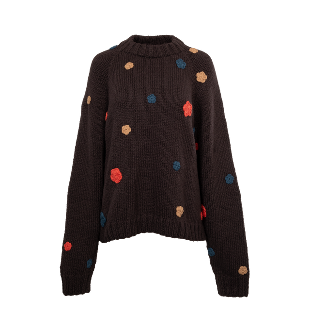 Image 1 of 4 - BROWN - THE ELDER STATESMAN Mini Flower-Embroidered Oversized Sweater featuring mini flower embroidery, crew neckline, long sleeves, oversized fit and pullover style. 100% organic cotton. Made in Peru. 