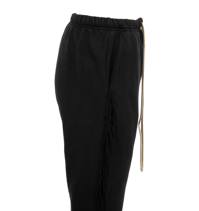 Image 3 of 4 - BLACK - FEAR OF GOD Fringe Sweatpants featuring cotton fleece, fringe suede trim throughout, drawstring at elasticized waistband, two-pocket styling and rubberized logo patch at front. 100% cotton. Trim: 100% leather. Made in United States. 