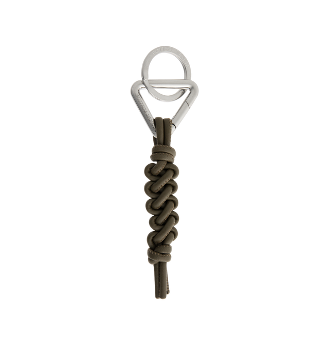 Image 1 of 2 - BROWN - BOTTEGA VENETA Scoubidou Key Ring featuring nappa leather with triangle hook. 3.5" x 1.4" x 0.2". Lambskin. Made in Italy.