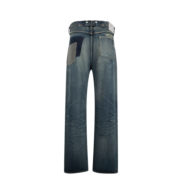 Image 2 of 3 - BLUE - Junya Watanabe Man x New Manual Men's Customize Denim Pants are crafted from cotton with wool patchwork detailing and feature a straight-leg silhouette, regular fit, vintage-inspired wash, distressing, and paint-splatter-effect details. Designed as part of the Junya Watanabe Man x New Manual collaboration, these five-pocket jeans are finished with a button fly, buttons at the waistband, a patchwork back pocket, and a classic back belt adjuster. Main Material: 100% Cotton. Contrast Fabr