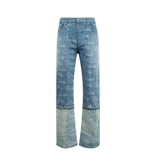 Image 1 of 3 - BLUE - WHO DECIDES WAR Maratre Denim featuring a slim straight fit, 4 pocket style, embellished with signature who decides war embroidery DTG and a permanent crease. 100% cotton.