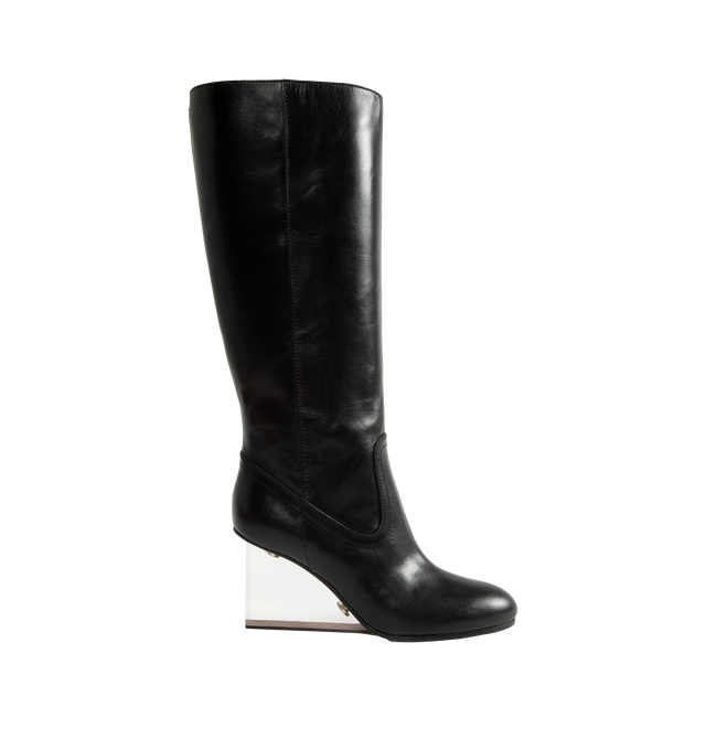 Image 1 of 4 - BLACK - Bottega Veneta Women's Knee-High Boots are crafted from leather and feature a knee-high silhouette, a pointed toe, a wedge heel, and a side zip closure. Designed with clean lines and a streamlined profile, this elevated style combines sculptural proportions with everyday wearability. Main Material: 100% Leather. Heel measures approximately 80mm / 3 inches. Made in Italy.