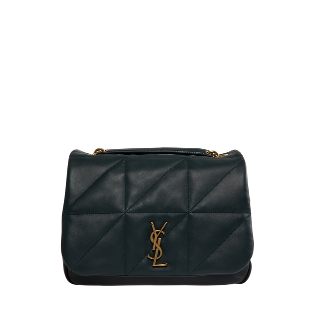 Image 1 of 4 - GREEN - Saint Laurent Medium Jamie 4.3 bag crafted from soft nappa lambskin leather decorated with carre rive gauche quilted top-stitching. This lightweight, compact bag features an adjustable sliding strap for bespoke carry options, organic cotton lining, bronze-toned hardware and flap closure. Measures 11.4" inches wide x 8.3 inches high x 23.5 inches deep with 1119.7 inch strap drop. Made in Italy.