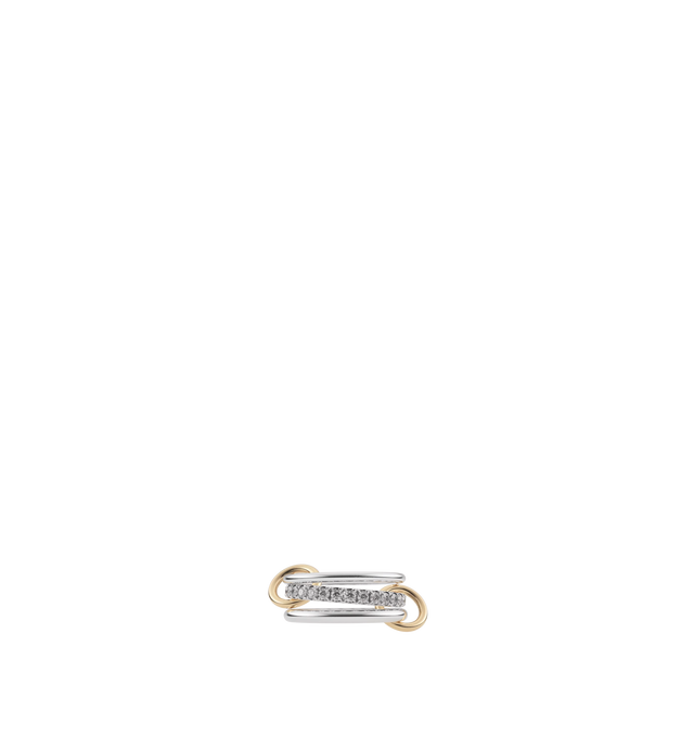 Image 1 of 1 - SILVER - SPINELLI KILCOLLIN Petunia SG Ring featuring a central band of pav diamonds framed by two solid bands of matching metals. Two orbiting connectors link each band to create a sculptural piece that's perfect for everyday wear. Bands: .925 sterling silver. 1.7mm gauge .925 sterling silver band. 2.8mm gauge .925 sterling silver band. 2.3mm gauge .925 sterling silver band. Stones: Gray diamonds (approx. 1.20 cttw). Connectors: 18k yellow gold.