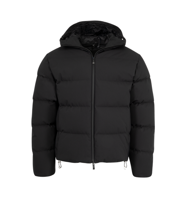Image 1 of 3 - BLACK - MONCLER Languedoc Hooded Short Down Jacket featuring 2L technical nylon, nylon lining, down-filled, adjustable hood with embossed logo, zipper closure, zipped pockets, adjustable hem and silicone logo patch. 100% polyester. Padding: 90% down, 10% feather. Made in Romania.