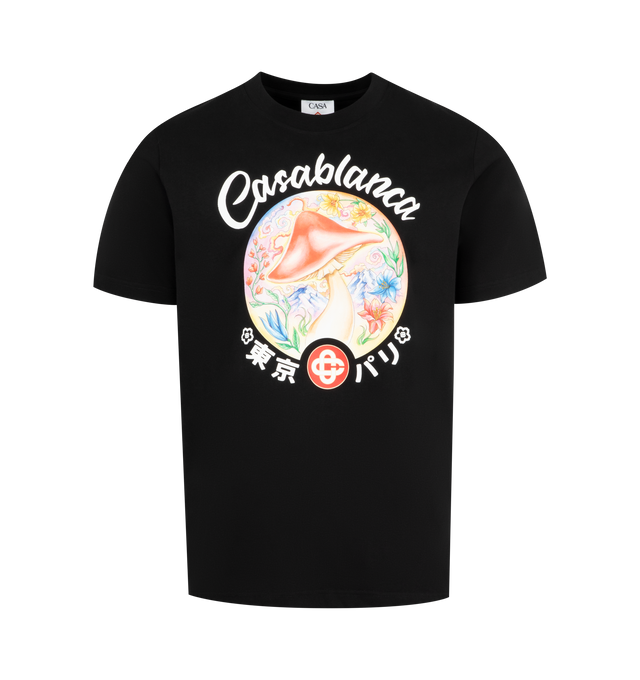 Image 1 of 2 - BLACK - CASABLANCA Mushroom Emblem T-Shirt featuring crew neck, short sleeves, straight hem and graphic print at the chest. 100% organic cotton.