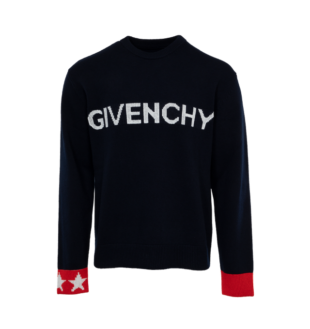Image 1 of 3 - NAVY - GIVENCHY Logo-intarsia Wool Sweater featuring crew neck, logo-intarsia at front, long sleeves with contrasting cuffs and straight hem. 100% wool. Made in Italy. 