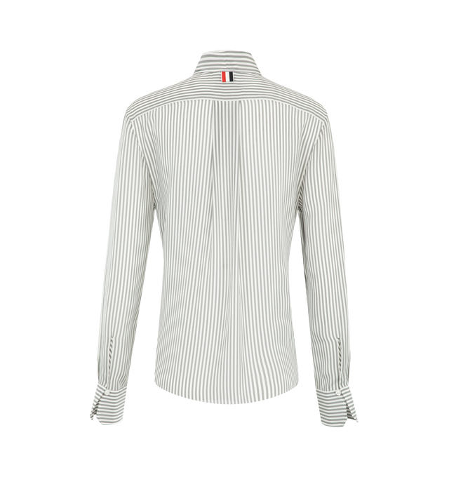 Image 3 of 3 - GREY - Thom Browne Womens Silk Shirt is crafted from fluid silk crpe de chine. Features a hidden button-front closure, band collar, detachable neck tie, buttoned cuffs, pleated back yoke with locker loop, curved hem, name tag appliqu, and signature striped grosgrain loop tab. Main Material: 100% Silk. Made in Italy.
