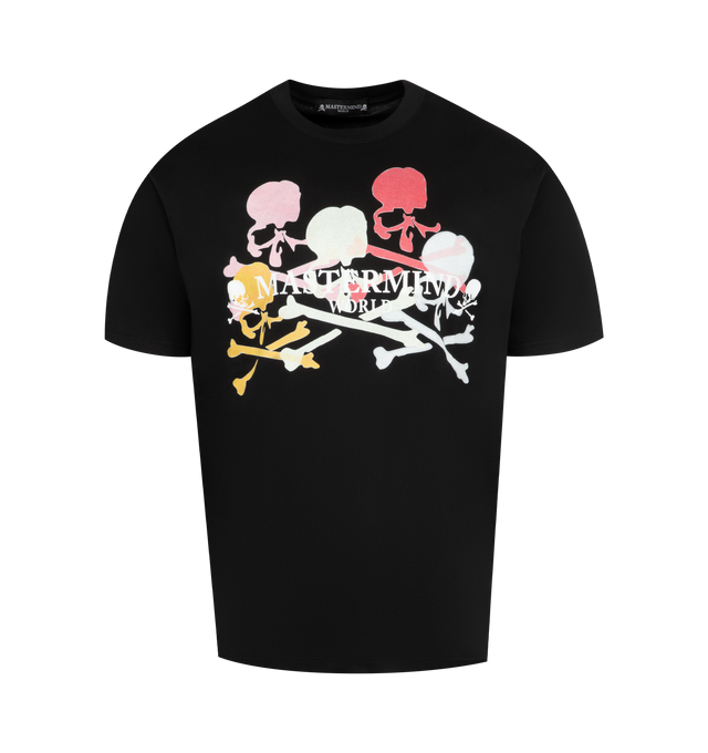 Image 1 of 2 - BLACK - MASTERMIND JAPAN Multi Skull Tee featuring regular fit, short sleeves, logo and graphic on front and crew neck. 100% cotton.