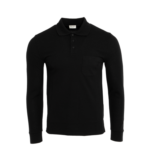 Image 1 of 3 - BLACK - SAINT LAURENT Polo Shirt featuring long sleeves, side slits and patch pocket on chest, tonal embroidery, three button placket and pointed collar. 50% cotton, 50% polyester. 