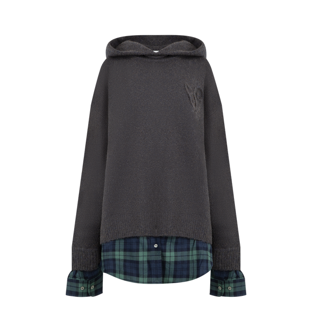 Image 1 of 2 - GREY - ACNE STUDIOS Layered Wool Hoodie featuring hooded knit sweater with a layered construction, crafted from soft, mid-weight yak-blend yarn with a minimalist finish, woven flannel shirting details at the hem and cuffs, dropped shoulders and cut to a relaxed fit with a below-hip length. 31% yak wool, 22% nylon, 16% wool, 31% alpaca. 100% cotton.