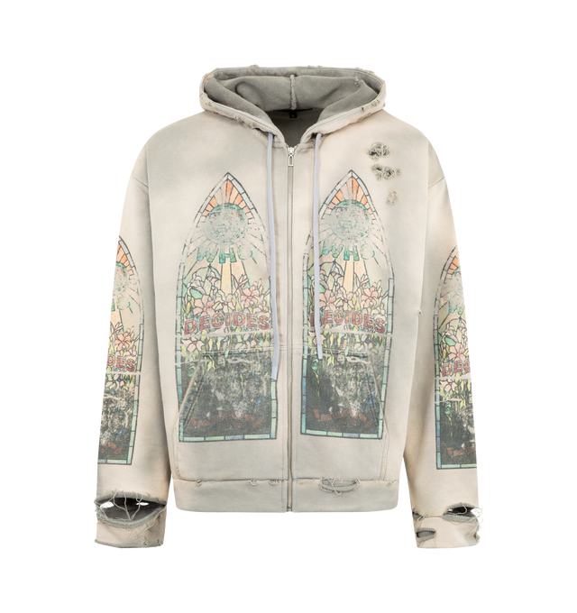 Image 1 of 2 - GREY - WHO DECIDES WAR Faded Zip Up Hoodie featuring relaxed fit, printed graphic in chapel window pattern, distressed detailing, drawstring hood and zip closure. 100% cotton.