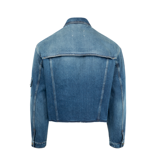 Image 2 of 3 - BLUE - MAISON MARGIELA Denim Jacket featuring cropped proportions, single flap pocket at the elbow, chest flap pocket and a disrupted front pocket, raw hem, button closure and signature four stitches at the back. 100% cotton. Made in Italy.