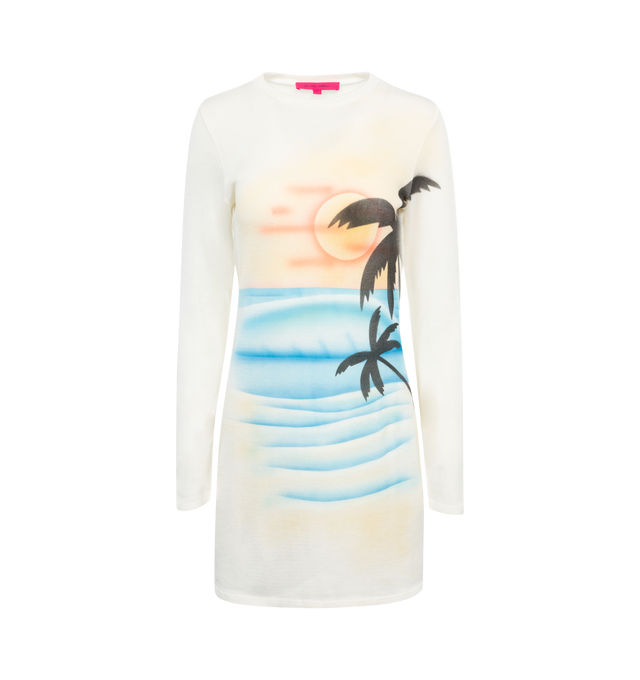 Image 1 of 2 - WHITE - THE ELDER STATESMAN Palm Airbrush Dress featuring crew neck, long sleeves, mini length and airbrush graphic.  