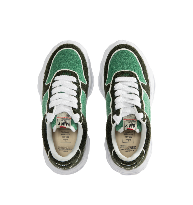 Image 5 of 5 - GREEN - Maison Mihara Yasuhiro Men's Wayne Sneakers feature the brand's signature hand-sculpted OG sole, a canvas upper adorned with soft chenille embroidery, and a low-top silhouette for a bold contemporary look. Designed for the Spring/Summer 2026 collection, these designer sneakers combine Maison Mihara Yasuhiro's experimental aesthetic with rich texture and artisanal detailing, while the sculptural sole and intentional vintage-inspired finishing create a distinctive statement silhouette.