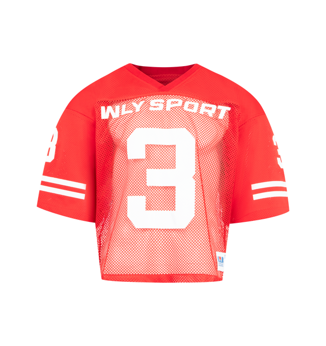 Image 1 of 3 - RED - WILLY CHAVARRIA Willy Football Jersey featuring an athletic-inspired silhouette, cropped cut, oversized fit, dramatic shoulders, zig-zag stitched appliqu graphics, a ribbed V-neck collar and dual-gauged mesh construction. 100% polyester. Made in the USA.