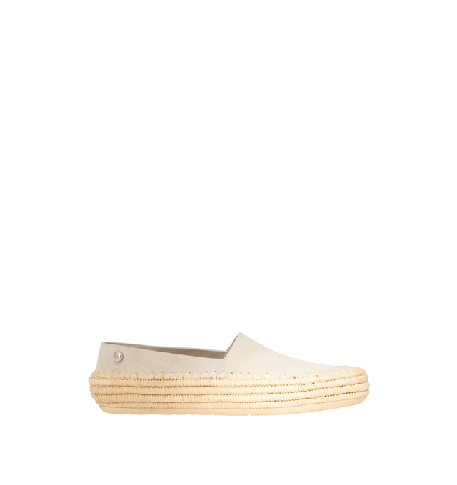 Image 1 of 4 - GREY - Loewe Mens Slippers are crafted from suede and raffia. Feature handcrafted raffia embroidery, rounded toe, engraved Anagram pebble detail, padded leather insole, embossed Anagram rubber outsole, and a 0.5 cm heel height. Main Material: Suede, Raffia. Made in Spain.