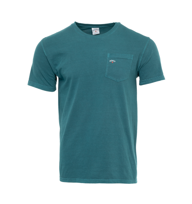 Image 1 of 2 - BLUE - NOAH Core Logo Pocket T-shirt featuring logo print at the chest, crew neck, short sleeves, chest patch pocket and straight hem. 100% cotton.  
