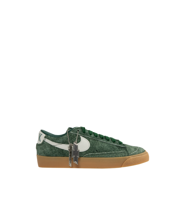 Image 1 of 5 - GREEN - NIKE Blazer Low Devin Booker Chevrolet Team Sneaker featuring supple leather upper in a vibrant hue, signature Booker details, including his jersey number on the heel, low-top silhouette, foam midsole and rubber outsole.