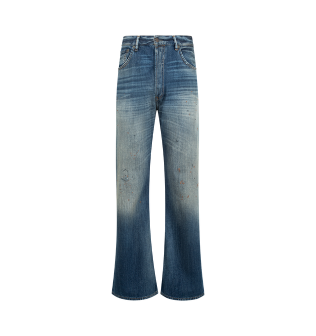 Image 1 of 3 - BLUE - ACNE STUDIOS Jeans featuring regular fit, mid waist, wide straight leg with a slight flare, long length, paint marks, holes, and dirt effects. 100% cotton.