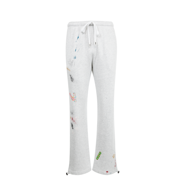 Image 1 of 3 - GREY - NAHMIAS Bandaid Wide Sweatpants featuring elastic waist with drawstring, bungee cord at hem, loose fit, two side slit pockets, one back patch pocket and branded bandaid motif throughout. 100% cotton.
