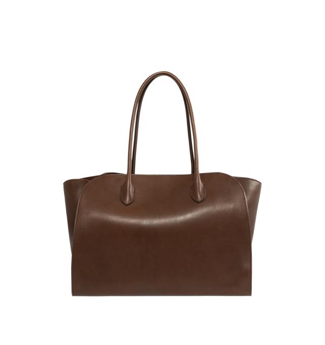 Image 1 of 3 - BROWN - The Row Marlo 14 softly structured tote bag in polished saddle leather with tubular handles, gusseted side panels, and top zipper closure. 100% calfskin leather; 100% cotton lining. Made in Italy. Measures 14 x 6.2 x 10.5".