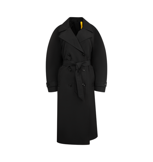 Image 1 of 3 - BLACK - Moncler x EE72 by Edward Enninful Zake Trench Coat featuring 3L technical polyester, nylon laqu sleeve lining, button closure, welt pockets, detachable belt, adjustable back slits with button closure, adjustable inner shoulder straps and logo patch. 100% polyester. Made in Romania.