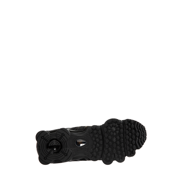 Image 4 of 5 - BLACK - NIKE Shox TL Sneaker featuring Nike Shox technology, a combination upper with a full TPU cage, molded overlays throughout the midfoot, a TPU plate in the heel between the midsole and Nike Shox technology, foam midsole for lightweight cushioning, non-marking, solid rubber in a modified waffle outsole and synthetic and textile upper.