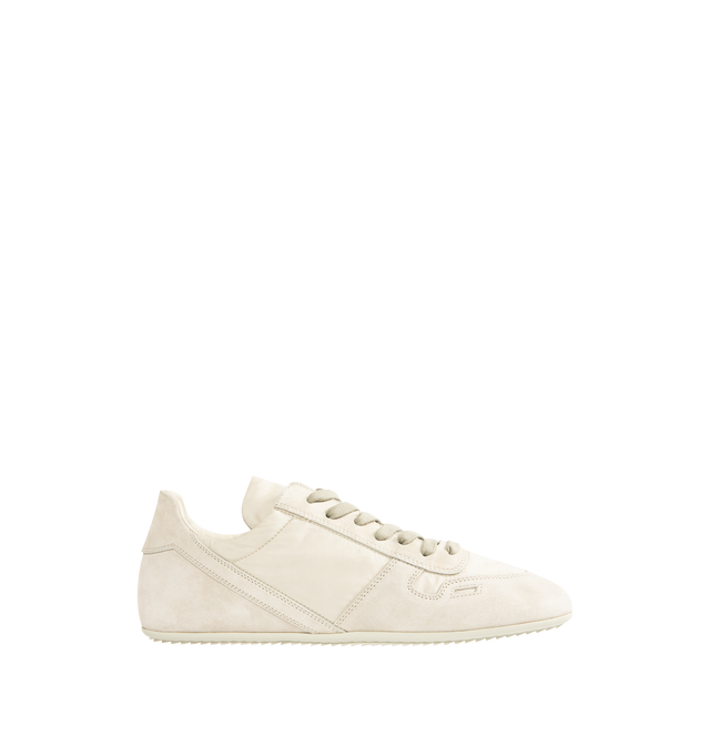 Image 1 of 5 - WHITE - RICK OWENS Minimal Low-Top Sneakers featuring a tonal, low-top silhouette with suede detailing, a round toe, lace-up style, textile upper, leather lining and rubber sole. Made in Italy.
