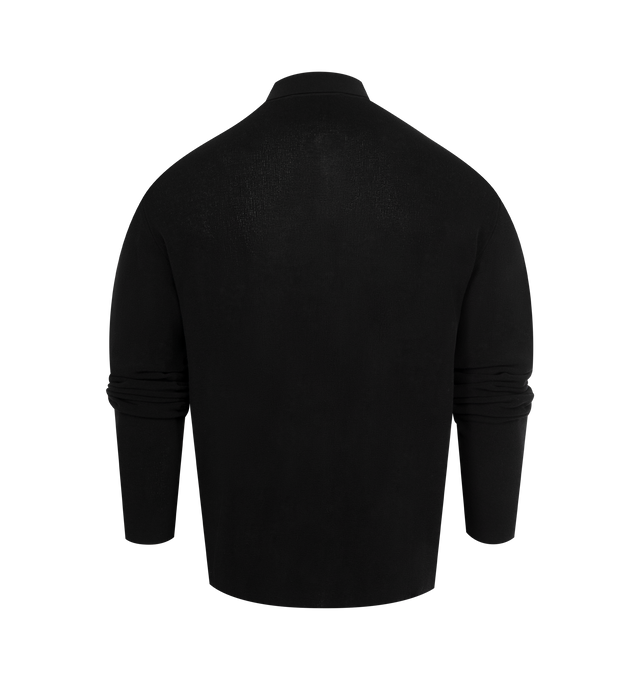 Image 2 of 2 - BLACK - JACQUEMUS Tricot Polo Shirt featuring straight fit, light cotton-blend knit, ribbed polo collar, embroidered "J" on the the collar, slanted square patch pocket, contrast bar tacks, long fitted sleeves and matching buttons. 82% cotton, 18% polyamide. Made in Italy.