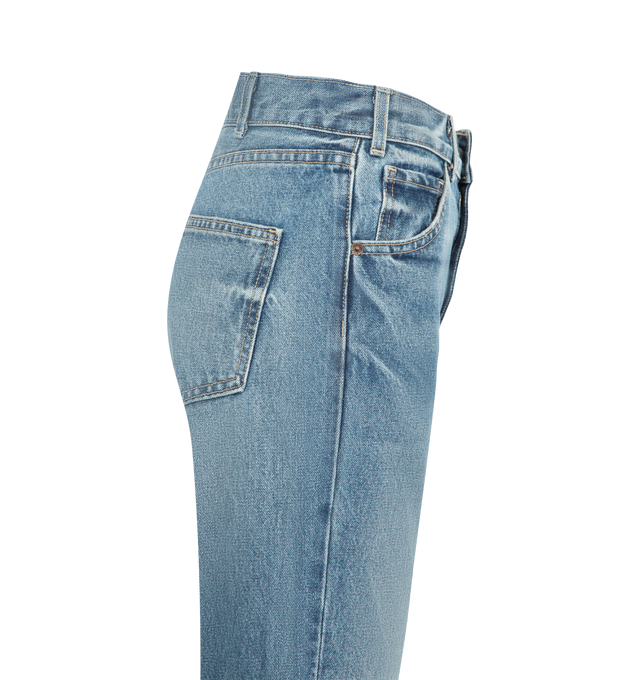Image 3 of 3 - BLUE - Nili Lotan Women's Cropped Joan Jean is crafted from premium Japanese non-stretch heavyweight crosshatch denim and features a high-rise waist, a straight-leg silhouette, and a cropped length. Fitted through the waist and hips, this classic style is detailed with traditional five-pocket construction, front pocket rivets, and belt loops. Finished with a zip fly and branded shank closure, the heavyweight denim naturally softens with wear and may feature subtle variations in wash and textu
