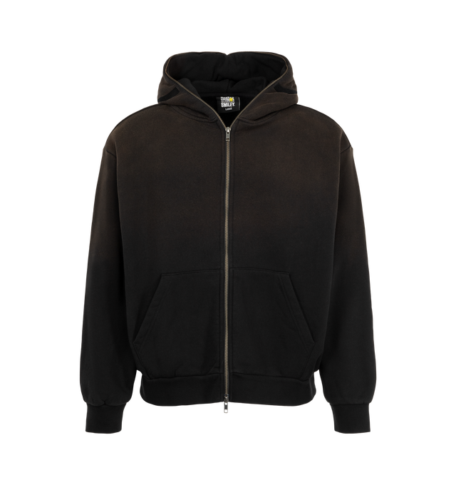 Image 1 of 2 - BLACK - The Men's Smiley Devil Full Zip Hoodie is crafted from 100% cotton with a washed finish. The design features a full-length YKK zip closure extending through the hood, while dimensional devil horns and Smiley detailing define the hood construction. A kangaroo pocket and ribbed trims complete the silhouette.