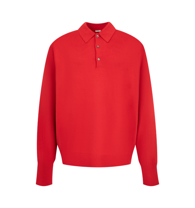 Image 1 of 2 - RED - A.Presse Men's Wool Knit Long-Sleeve Polo Shirt is crafted from high-gauge wool knit and features a refined long-sleeve polo silhouette. Designed with a classic polo collar and clean, minimalist construction that highlights the quality and texture of the knit. Main Material: 100% Wool.