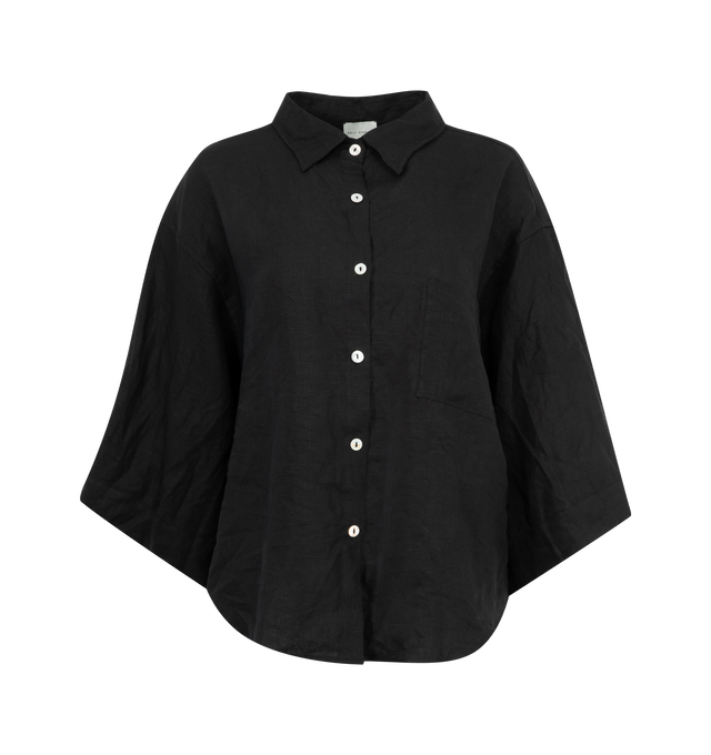 Image 2 of 6 - BLACK - DEIJI STUDIOS 03 Set featuring an oversized box fit linen shirt with wide arms and a front pocket designed to sit mid rise, the loose fitting boxer style shorts have a faux button down fly and an elastic waist for extra comfort. 100% GOTS certified organic, OEKO-TEX 100 certified and EU certified stone washed french linen.