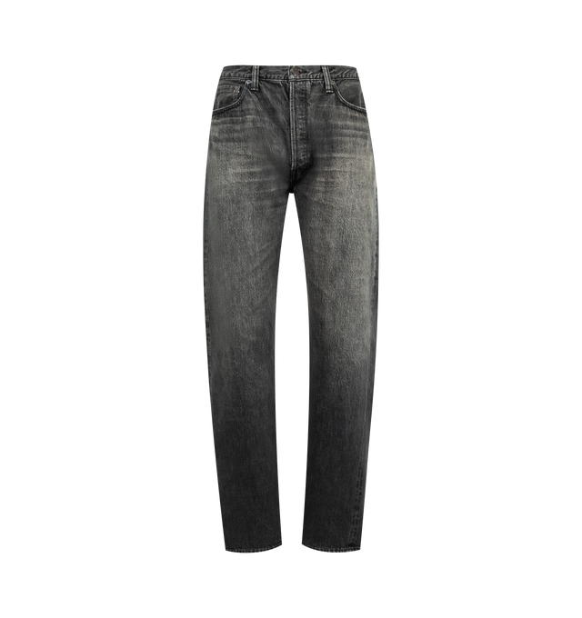 Image 1 of 3 - BLACK - FULLCOUNT Wide Black Denim Dartford Jean featuring 13.7oz original black selvedge denim, distressing throughout, 5 pocket style and button zip fly closure. 100% Zimbabwean cotton. Made in Okayama, Japan.