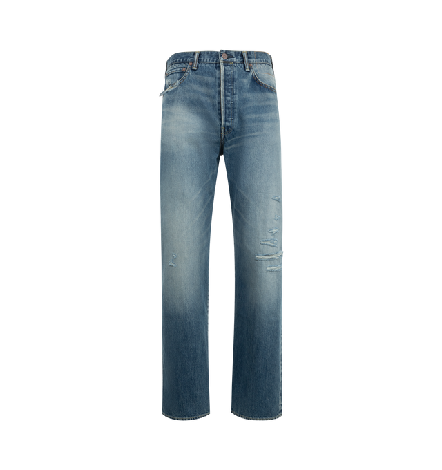 Image 1 of 4 - BLUE - VISVIM Social Sculpture 01 Wide Damaged Jean 43 featuring 14 oz. denim, damaged finish, regular fit, straight leg silhouette, high-rise and button fly. 100% cotton.