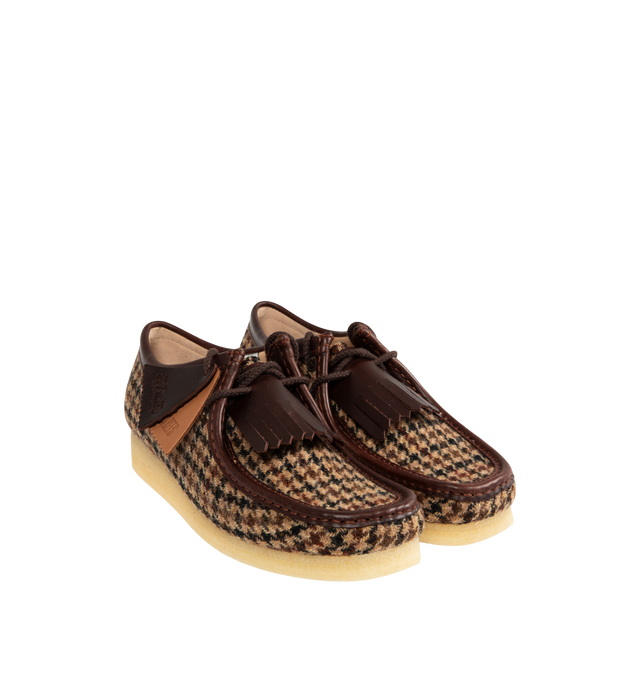 Image 2 of 4 - BROWN - CLARKS Wallabee Shoe featuring Harris Tweed upper, leather collar, apron binding, moccasin construction, brown round waxed lace with tassel aglets, Clarks Originals Leather and 200 years FOBS, Harris Tweed woven label inside quarter, Clarks Originals woven sock label and crepe rubber outsole.
