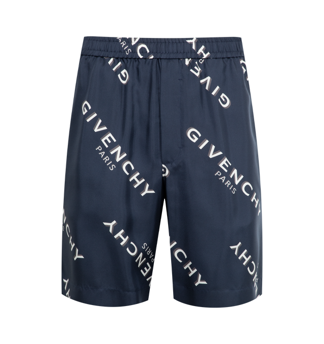 Image 1 of 3 - NAVY - GIVENCHY Bermuda Shorts featuring elastic waist with drawstring, GIVENCHY Shadow printed all-over, two side pockets and one back pocket. 100% silk.