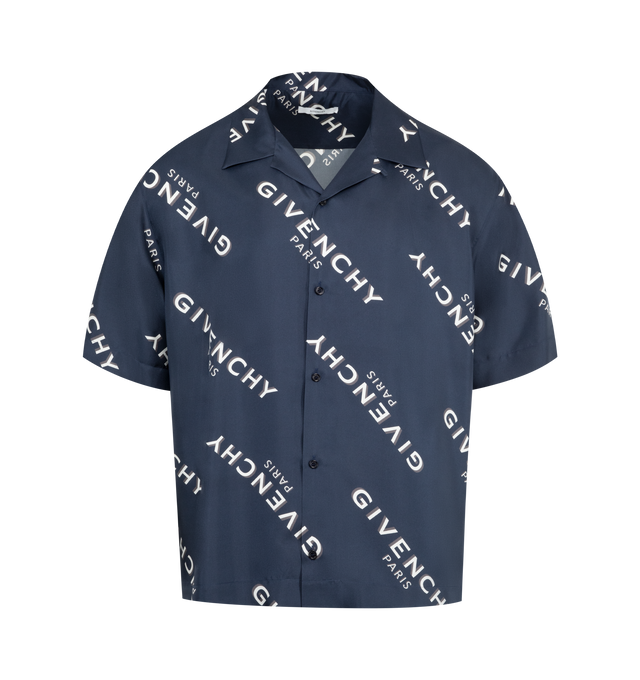 Image 1 of 2 - NAVY - GIVENCHY Bowling Shirt featuring short-sleeved shirt in silk, hawaiian collar, GIVENCHY Shadow printed all-over, button closure and relaxed fit. 100% silk.