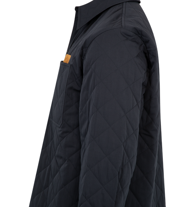 Image 3 of 3 - BLACK - BOTTEGA VENETA Quilted Cotton Overshirt featuring lightweight matte technical cotton with Intrecciato suede patch, water-repellent, button closure, lined and regular fit. 79% cotton, 21% polyamide. Made in Italy.