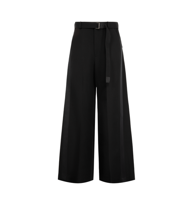 Image 1 of 3 - BLACK - Sacai Women's Double-Faced Silk Cotton Trousers feature a belt loop, a wide-leg silhouette, and a sleek integrated belt detail. Materials: 54% Silk, 45% Cotton; Liner 100% Cupro.