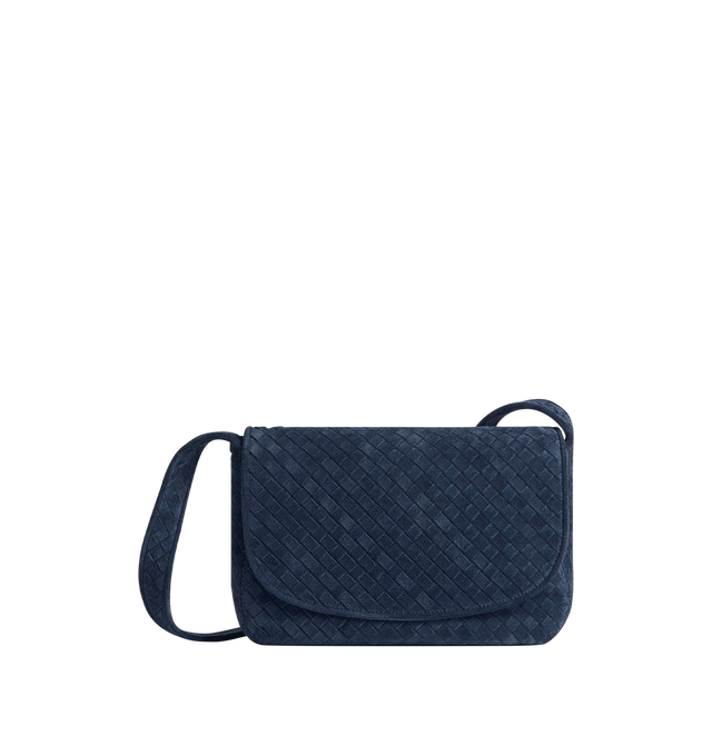 Image 1 of 3 - NAVY - BOTTEGA VENETA Veneto Flap Messenger Bag featuring intrecciato suede messenger bag with flap, one interior zipped pocket, one open pocket and flap closure. 7.3" x 10.2" x 2.0". Calfskin. Lining: suede. Made in Italy.