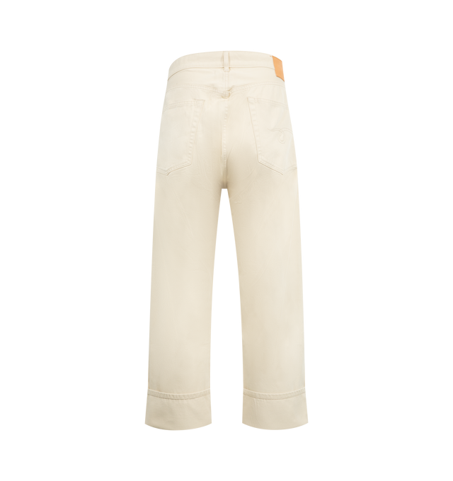 Image 2 of 3 - WHITE - R13 Cuffed X-BF Jeans featuring wide-leg non-stretch denim, fading, whiskering, and subtle distressing throughout, belt loops, five-pocket styling, zip-fly, folled cuffs and leather logo patch at back waistband. 92% cotton, 8% elastomultiester.