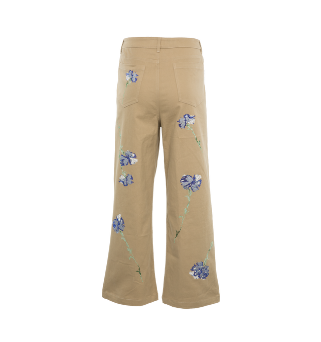 Image 2 of 5 - BROWN - LIBERTINE Cecil Beaton Blue Carnation Crystal Pant featuring crystal-embellished blue carnations, cropped fit, mid rise sits high on hip, wide legs, five-pocket style, button zip fly and belt loops. Cotton/elastane. Made in USA. 