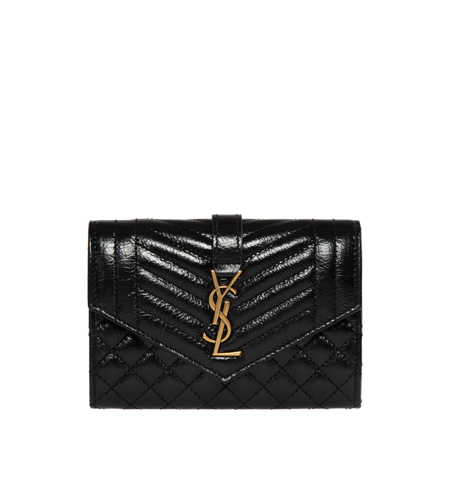 Image 1 of 3 - BLACK - SAINT LAURENT Envelope Small Wallet featuring flap closure with snap button closure, one flat pocket at back, one main compartment, four card slots and vertical, chevron and diamond quilted overstitching. 5.3 X 3.7 X 1.1 inches. 100% lambskin.  