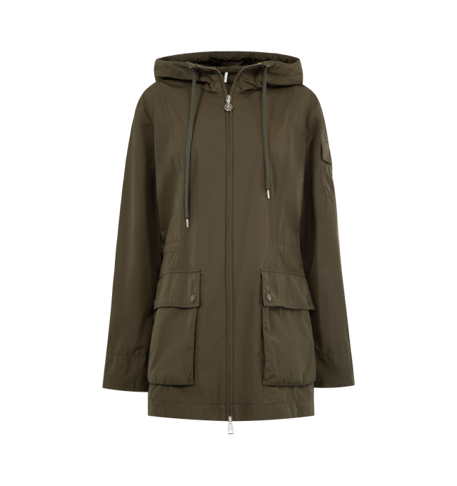 Image 1 of 3 - GREEN - MONCLER Leandro Hooded Parka featuring poplin technique, adjustable hood, zipper closure, patch pockets with snap button closure, sleeve pocket and waistband with drawstring fastening. 60% polyester, 40% cotton. Made in Italy.