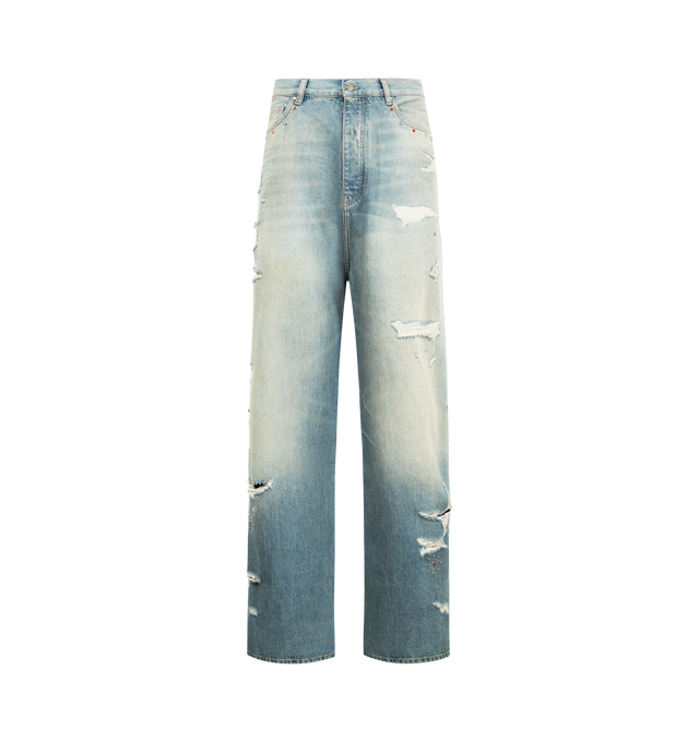 Image 1 of 4 - BLUE - AMIRI Bones Studded Baggy Jean featuring croc embossed leather bone appliques and stud detailing, distressed throughout, stud embellishments, rhinestone rivets and baggy fit. 100% cotton. Made in Italy.