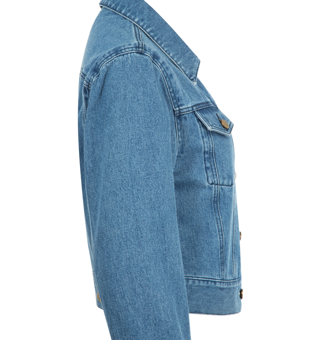 Image 3 of 3 - BLUE - GABRIELA HEARST Bronte Jacket featuring cropped length, pointed collar, front button closure, chest flap pockets with buttons and long sleeves. 100% recycled cotton.